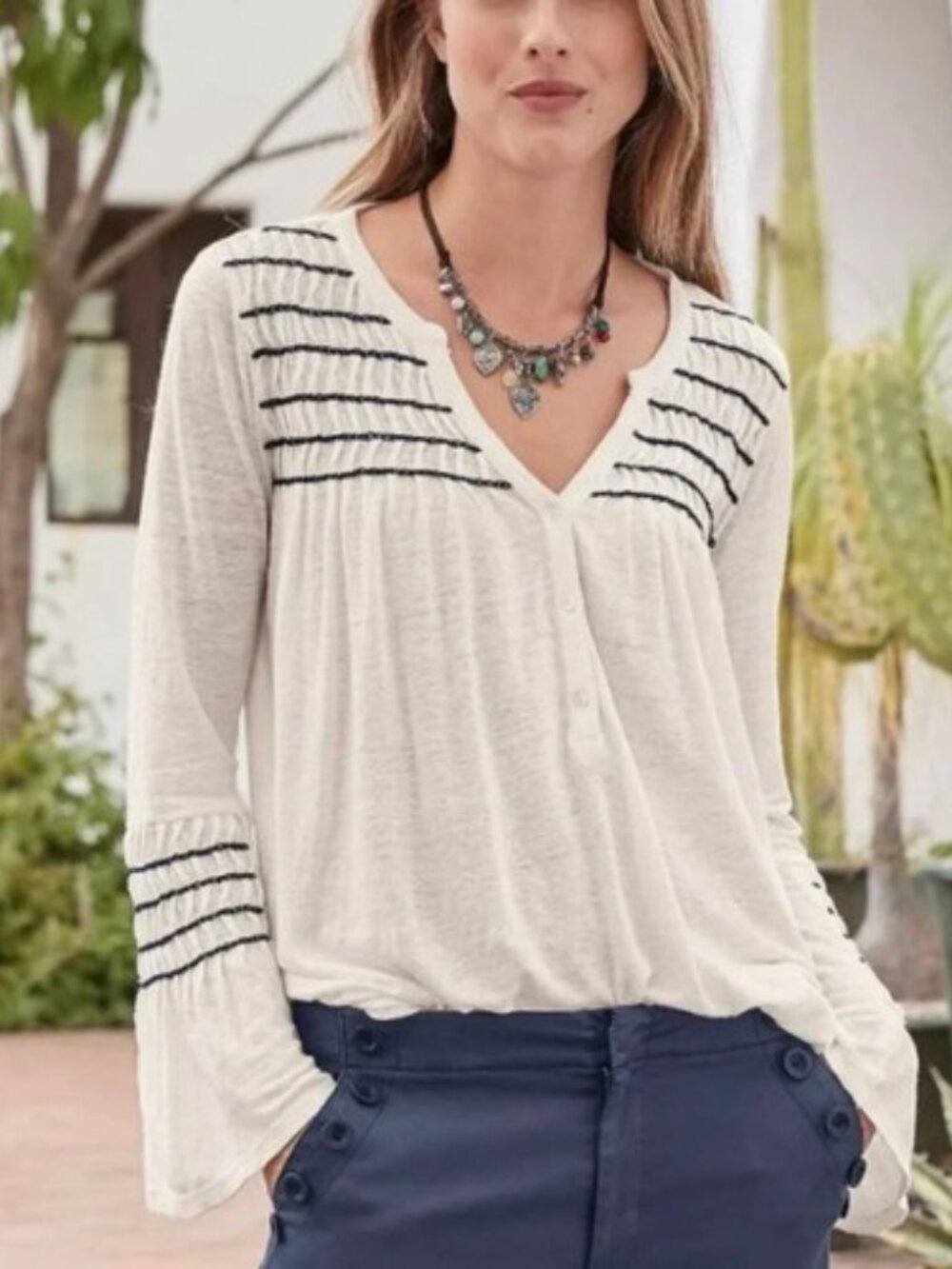 SUNDANCE Linen Fluent Henley Bell Sleeve Embroidered Stripe Ivory Boho Size M